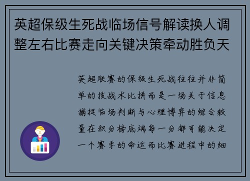 英超保级生死战临场信号解读换人调整左右比赛走向关键决策牵动胜负天平